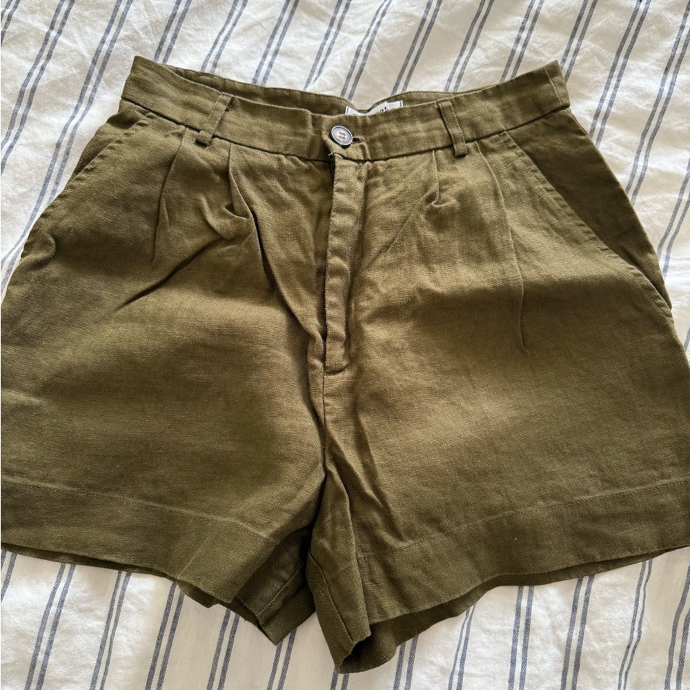 Reformation Olive High-Waist Pleated Shorts